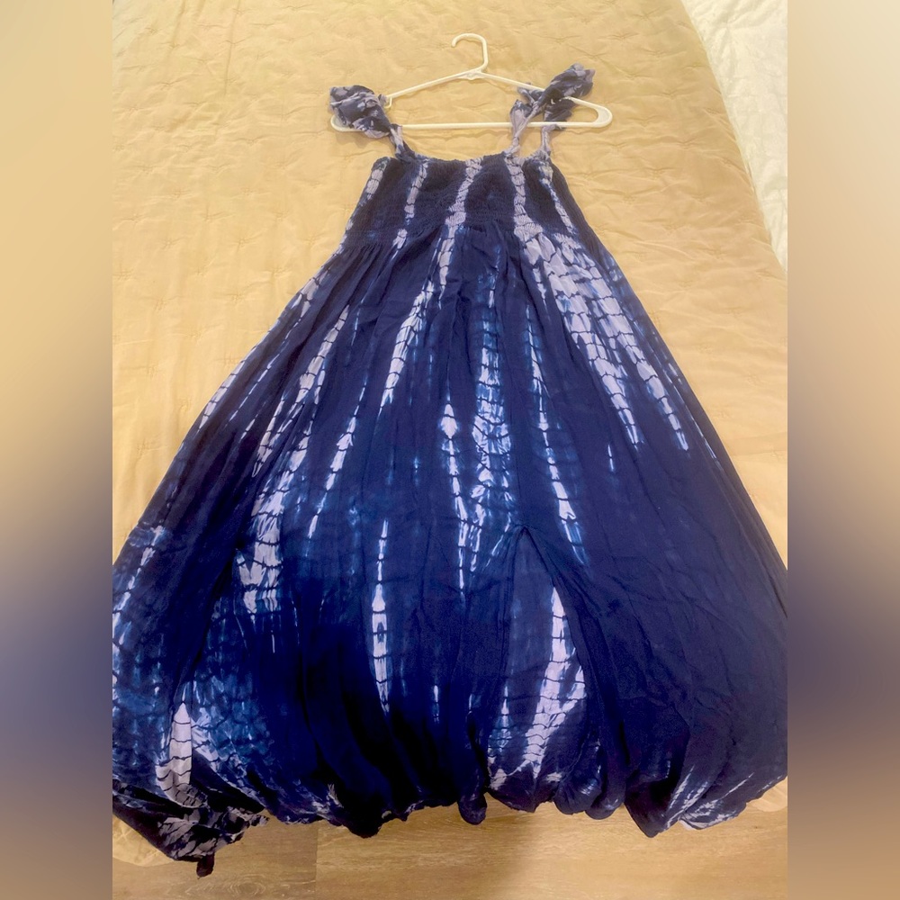 Blue tie dye summer flowy dress with high slits in front
